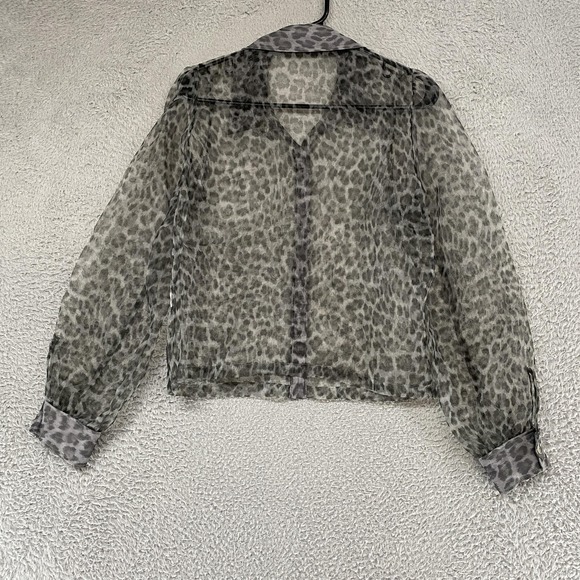 Zara Sheer Leopard Button Up Top Womens Small Gray Cropped Balloon Sleeve Y2K - Picture 11 of 13